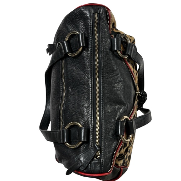 Aqua Madonna Leopard Calf Hair Large Leather Shoulder Bag Red Tassel Zip Satchel - Picture 8 of 15